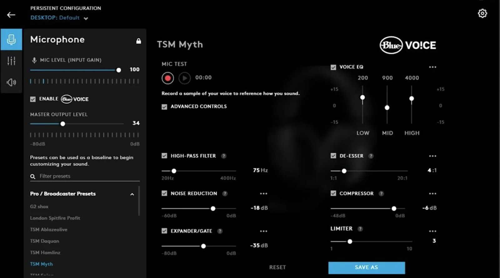BLUE VO!CE panel in Logitech G HUB showing EQ, noise reduction, de-esser, compressor and limiter controls