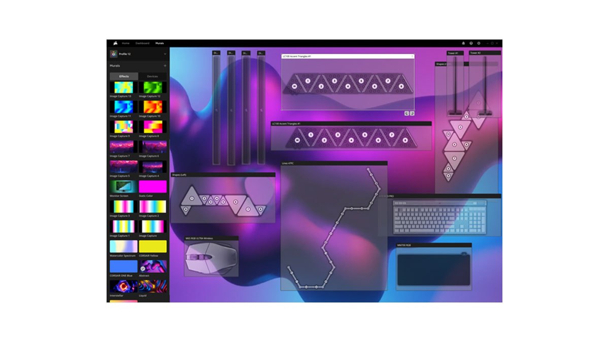 CORSAIR iCUE software with the Murals panel open showing gradient presets and connected devices